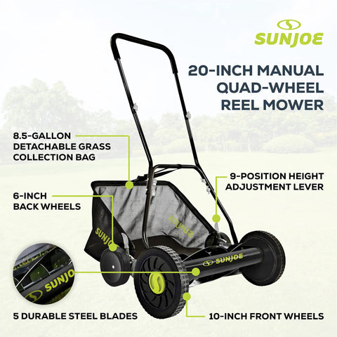 Manual Push Reel Lawn Mower With 20-Inch Cutting Width, 9-Position Height Adjustment, 8.5-Gallon Grass Catcher, Lightweight Eco Friendly Yard Care Machine For Quiet, Gas-Free Mowing And Easy Lawn Maintenance. 20-inch quad-wheel reel mower