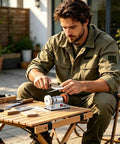 Compact No Fuss Mini Bench Grinder With A 2 76 Inch Wheel And Vibration Dampening Base used for precision metal finishing on outdoor table.