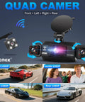 4 Channel Dash Cam With 360 Degree View For Cars showing multi-lens setup, front, rear, left, and right 2K cameras in use