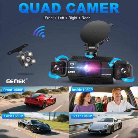 4 Channel Dash Cam With 360 Degree View For Cars showing multi-lens setup, front, rear, left, and right 2K cameras in use