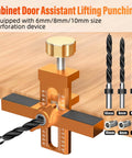 2-In-1 Cabinet Door Mounting Jig With Adjustable Positioner displaying drill bits and precise markings