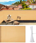 Balcony with 3X10Ft Balcony Privacy Screen Fence Cover, sand color, knit mesh, includes cable ties, UV resistant, all-weather.