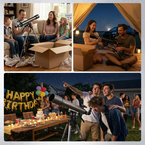 Adults and kids using 102mm Aperture Astronomy Telescope With 900mm focal length and dual slow-motion rods for stargazing events.