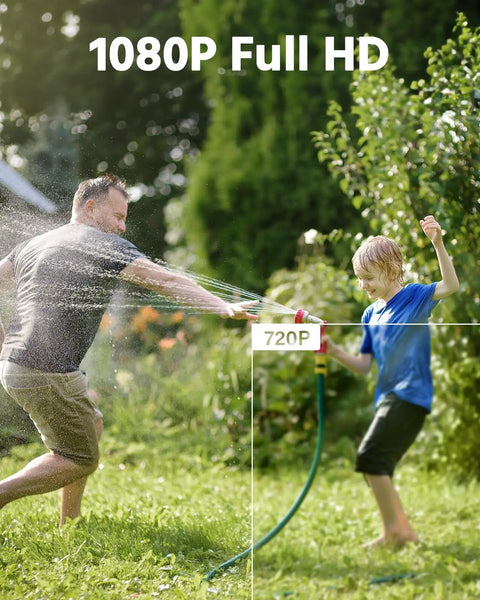 Comparison of 720P and 1080P HD video quality in outdoor scene with man and child playing with hose.
