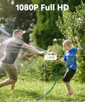 Man and child playing with garden hose demonstrating 1080P Full HD quality