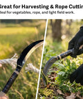 Workhorse Harvest Sickle And Saw Sickle Hand Tool used for rope and vegetable cutting in field, showing serrated SK5 steel blade.