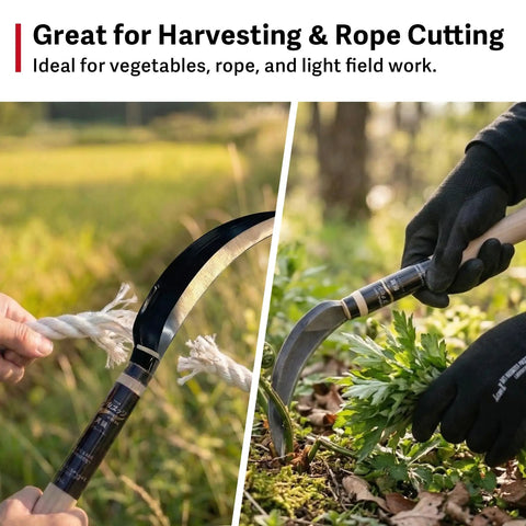 Workhorse Harvest Sickle And Saw Sickle Hand Tool used for rope and vegetable cutting in field, showing serrated SK5 steel blade.