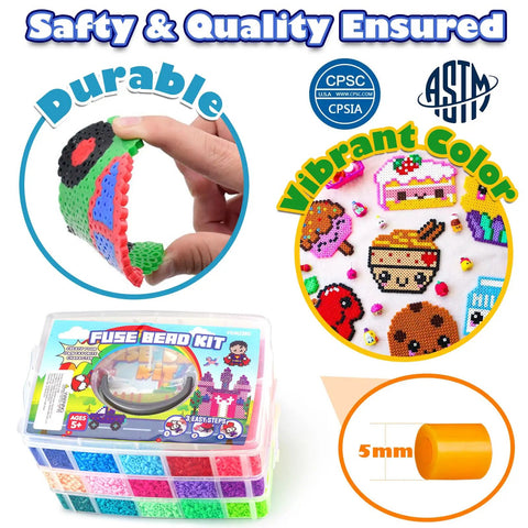 32000 Fuse Beads Kit With 32 Colors And 6 Pegboards For Kids Ages 5 And Up Complete Arts And Crafts Set packaging and bead details