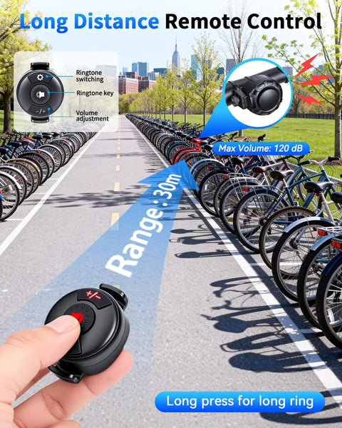 Wireless Bike Horn With Remote Control 120dB Loud As Heck Electric Bicycle Bell With 6 Sound Modes IPX5 Type C Charging Perfect For Adults Bikes EBikes And Scooters