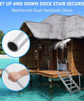 Hella Durable Pro Grade 6 Step Dock Stairs Featuring Rock Solid Dual Handrails and Oversized Slip Resistant Treads for Easy Lake Pool and Family Boat Landing close-up of dual handrails on aluminum dock stairs.