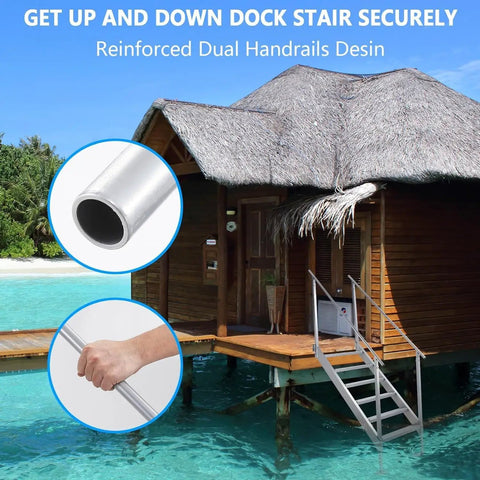 Hella Durable Pro Grade 6 Step Dock Stairs Featuring Rock Solid Dual Handrails and Oversized Slip Resistant Treads for Easy Lake Pool and Family Boat Landing close-up of dual handrails on aluminum dock stairs.