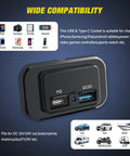 Install In Seconds Without A Sweat Because This Road Ready 12V 24V Dual USB Socket Panel showing ports for charging various devices.