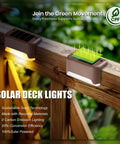 20 Pack Solar Deck Lights Outdoor Waterproof LED Lights For Stairs Steps Fence Yard Patio And Pathway Warm White With Auto On Off Solar Powered Energy Efficient Lighting mounted on wooden railing showing solar panels