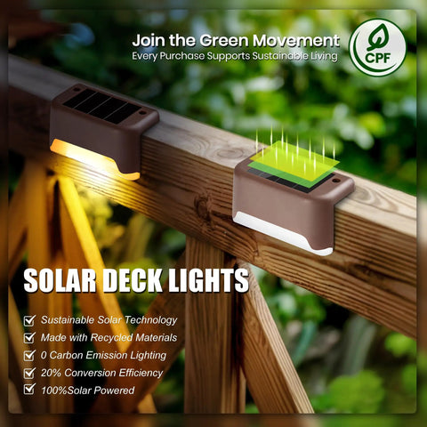 Top Shelf Solar Deck Lights 16 Pack, Slick Brown Shell Step Lights With Bright Warm White Glow on wooden railing.
