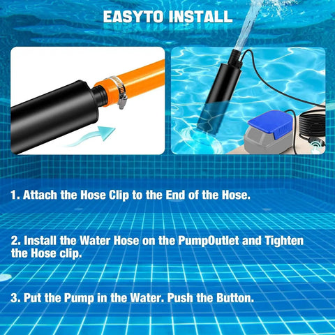 Installation steps for Badass Portable Submersible Sump Pump 500 GPH with hose clip attachment and water placement.