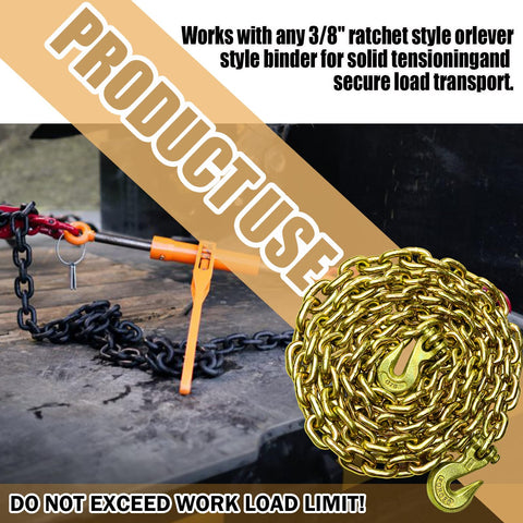 G80 Transport Chain Three Eighths Inch By Twenty Five Foot With Clevis Grab Hooks Heavy Duty Tow Chain rolled on ground