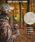 Top Shelf Wind Direction Indicator Refill For Hunters And Woodsmen Using Natural Plant Fibers To Read Downwind Air Currents Smoothly Without Messy Talc Powder Dust 25 Gram Pack with hunter evaluating wind direction in forest.