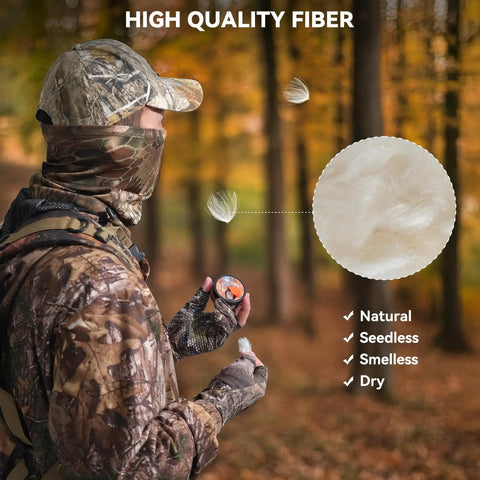 Top Shelf Wind Direction Indicator Refill For Hunters And Woodsmen Using Natural Plant Fibers To Read Downwind Air Currents Smoothly Without Messy Talc Powder Dust 25 Gram Pack with hunter evaluating wind direction in forest.