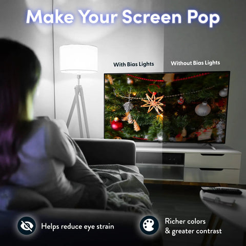 Dope Ambient TV Bias Lighting LED Backlight Strip for 41 to 59 Inch TVs in a living room setting showing enhanced contrast