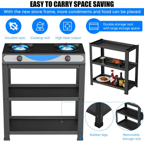 Two Burner Propane Gas Stove With Auto Ignition, Portable Stainless Steel Outdoor Kitchen Cooker with storage shelves