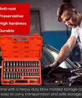 Mechanic with Heavy-Duty 48-Piece Three Eighths Inch Drive Impact Socket Set in orange case, SAE and metric sizes visible