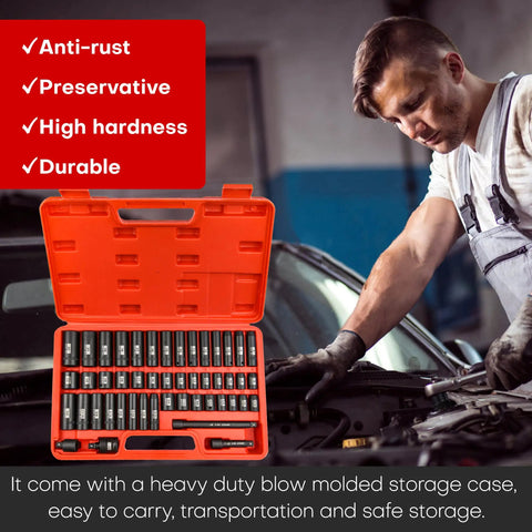 Mechanic with Heavy-Duty 48-Piece Three Eighths Inch Drive Impact Socket Set in orange case, SAE and metric sizes visible