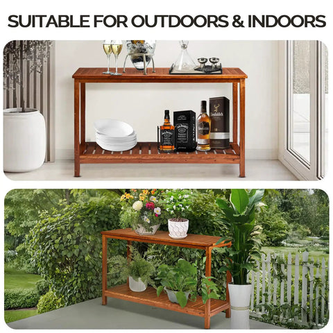 Solid Wood Outdoor Console Table With Two Tier Design For Patio Porch And Entryway Natural PU Lacquer Finish Weather Resistant