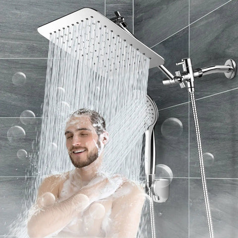 10 Inch Rainfall Shower Head With Handheld Combo California Compliant High Pressure 5 Settings 11 Inch Extension Arm 60 Inch Hose