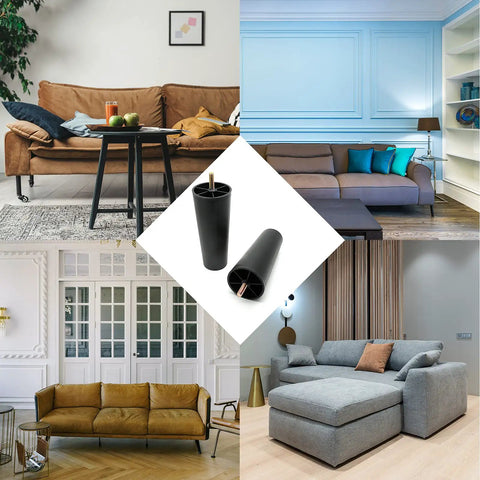 4 Pack 8 Inch Round Tapered Plastic Sofa Legs Replacement For Chairs Sofas Cabinets Dressers Loveseats Ottomans And Beds With M8 Hanger Bolts Easy Install Durable Black Finish, image showing furniture settings with black tapered legs