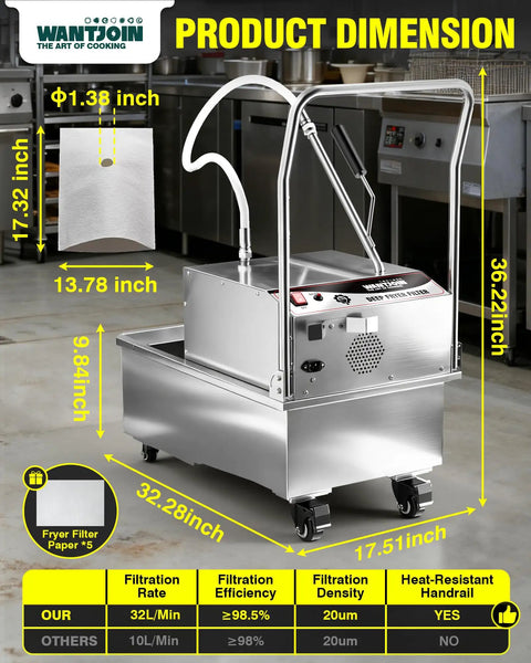 Heavy Duty Portable Fryer Oil Filter Machine With Sleek Stainless Build 14.5 Gallon Capacity dimensions and features in commercial kitchen.