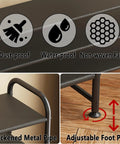 Features of Three Tier Shoe Rack Storage Organizer, black metal shelf showing dust-proof, water-proof symbols, and adjustable foot pad.