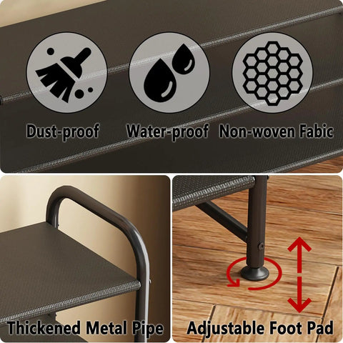Features of Three Tier Shoe Rack Storage Organizer, black metal shelf showing dust-proof, water-proof symbols, and adjustable foot pad.
