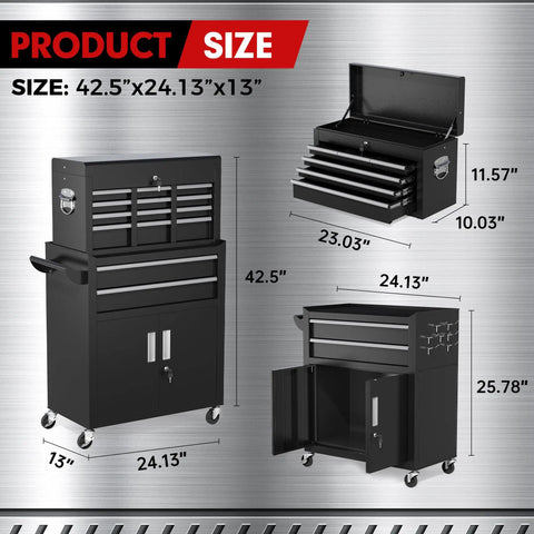 Heavy Duty Rolling Tool Chest With Eight Smooth Glide Drawers, Detachable Top Box And Bottom Cart, Hella Sturdy Steel Frame With Rubber Liners And Hook Racks, Secure Locking, Pro Gear For Garage Or Shop Work In Matte Black