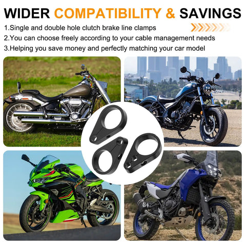 3 Pieces 1.25 Inch Brake Line And Throttle Cable Clamp Kit for Harley Honda Yamaha shown with various motorcycles.