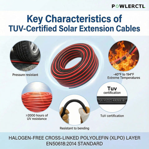 Key characteristics of TUV-certified solar panel extension cable showing resistance, temperature range, and certification details.