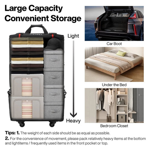 Mixi travel bag with wheels, expandable luggage in black/gray, opened to show stacked clothing and built-in side drawers