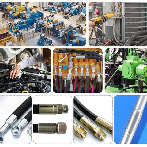 Handheld Hydraulic Hose Crimping Machine With 7 Die Sets And Real Time Pressure Gauge in a workshop setting.