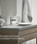 Hint Single-Handle Bathroom Sink Faucet With Ceramic Disc Valve, 1.2 GPM, Polished Chrome on a modern bathroom countertop.