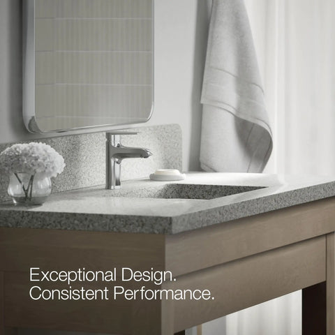 Hint Single-Handle Bathroom Sink Faucet With Ceramic Disc Valve, 1.2 GPM, Polished Chrome on a modern bathroom countertop.