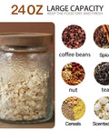Airtight 24 Oz Glass Storage Jar With Bamboo Lid For Pantry And Kitchen Counter, showing etched sunflower design with oats inside.
