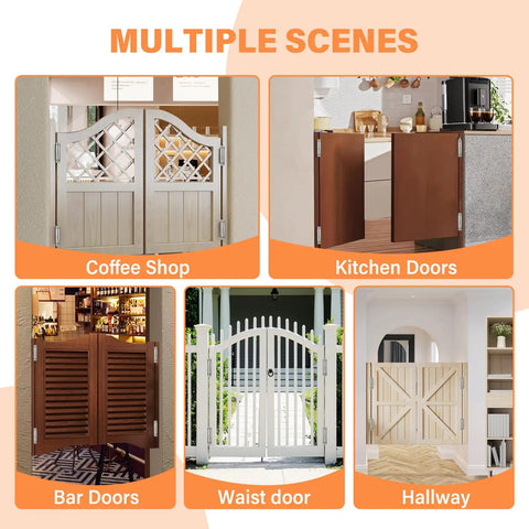 Multiple scenes showing 4 Pack 3 Inch Double Action Spring Door Hinges Dual Swing Saloon Hinges in various settings