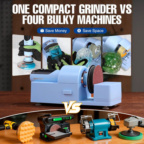 Versatile Do It All Electric Resin Sander And Polisher with Dual 2000mAh Batteries and LCD display compared to four other machines.
