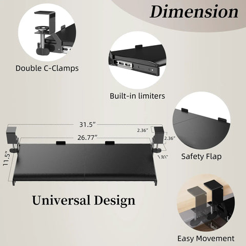 Under Desk Keyboard Tray 25 Inch With Wrist Rest Mouse Pad Cup Mat Lightweight Slide Out Tray Easy Clamp Adjustable For Ergonomic Desk Setup And Clutter Free Workstation Plug And Play dimensions diagram