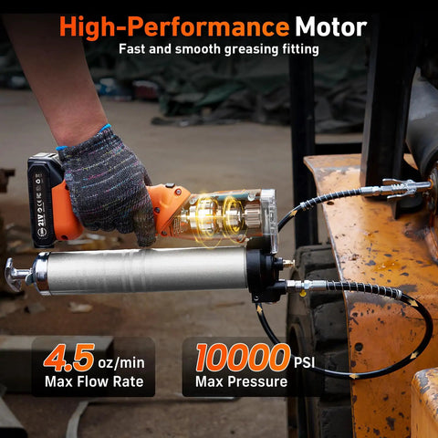 Beefy 2-In-1 Electric Grease Gun with 10000 PSI cordless power in use, attached to machinery with flexible hose and couplers visible.