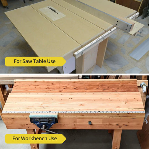 Two Pack One Half Inch Wide Self Adhesive Measuring Tape With 78 Inch Or 200 cm Length Peel And Stick Ruler Featuring Imperial And Metric Scales And Left Right Reading For Workbench Table Saw And Drafting Table White installed on saw and workbench.