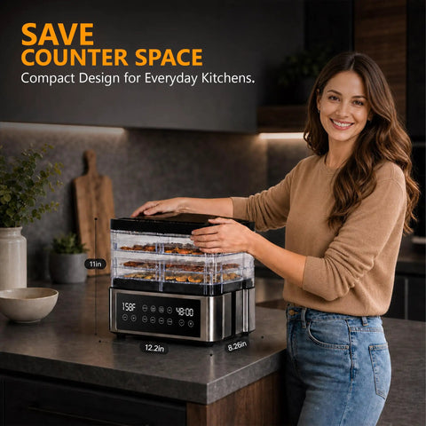 Pro Food Dehydrator With Slick One Touch Presets And Five Stackable Trays for drying snacks, compact BPA free design on kitchen counter.