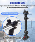 Installed view of universal trolling motor stabilizer bracket, black with adjustable clamp for boat track systems.