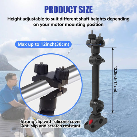 Installed view of universal trolling motor stabilizer bracket, black with adjustable clamp for boat track systems.