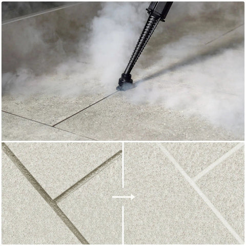 Heavy Duty Commercial Steam Cleaner With Slick Storage Bag delivers consistent low moisture dry vapor to clean tile joints effectively.