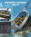 Heavy duty deep leaf skimmer net in action from 4 in 1 Deluxe Pool Cleaning Kit with extendable aluminum pole demonstrates large capacity.